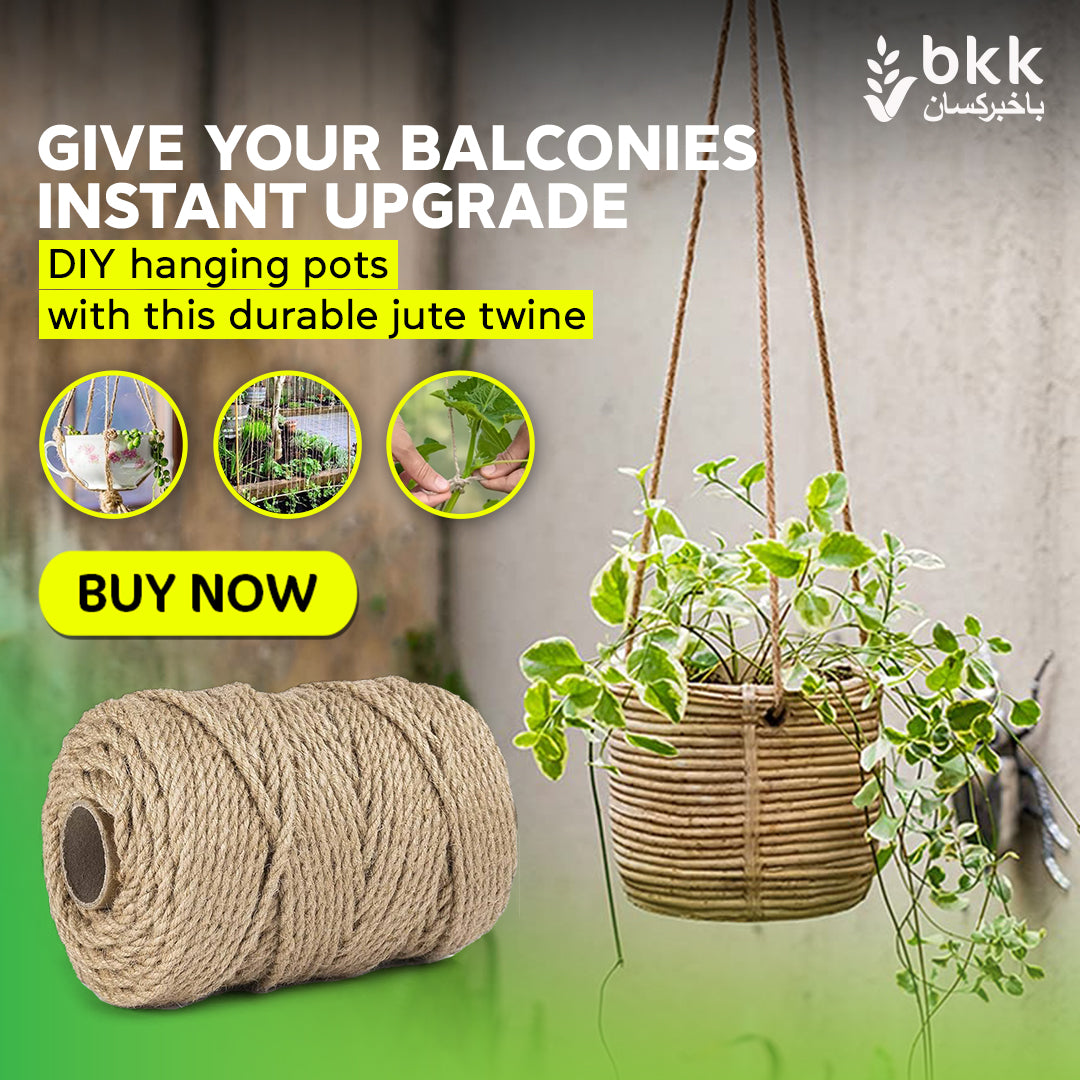 Buy 100m heavy-duty jute twine (2mm, 3-ply braided) online in Pakistan. Perfect for gardening, plant support & home projects.