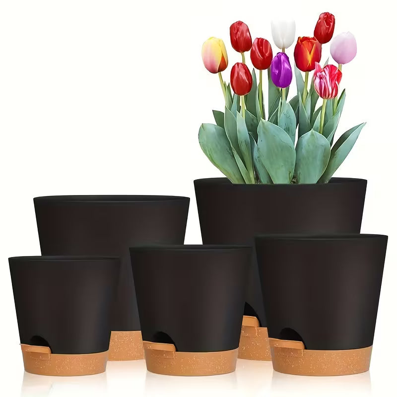 Two-Tone Self Watering Planters - Black/Brown 5pcs