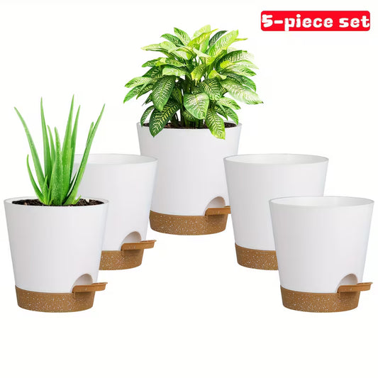 Two-Tone Self Watering Planters - White/Brown 5pcs