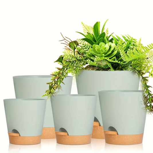 Two-Tone Self Watering Planters- Green/Brown 5pcs