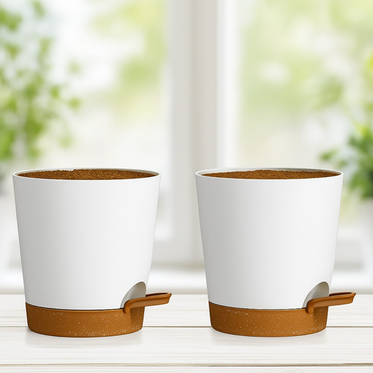 Two-Tone Self Watering Planters - White/Brown 2pcs