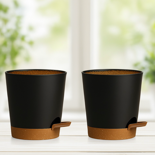 Two-Tone Self Watering Planters - Black/Brown 2pcs