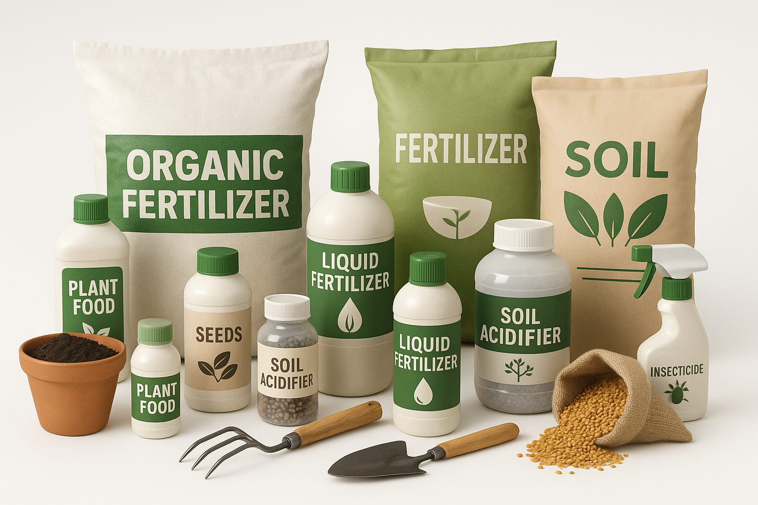 Agricultural inputs and supplies including organic fertilizers, seeds, gardening tools, soil amendments, and plant protection products
