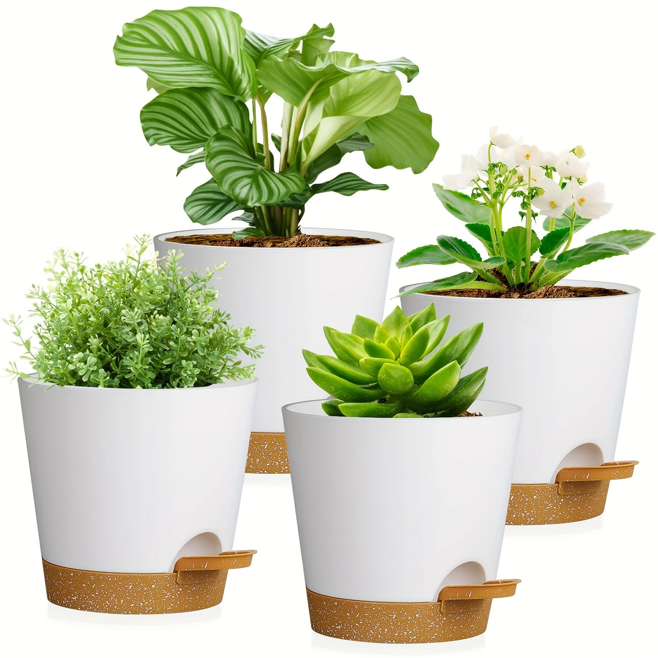 Two-Tone Self Watering Planters - White/Brown 2pcs