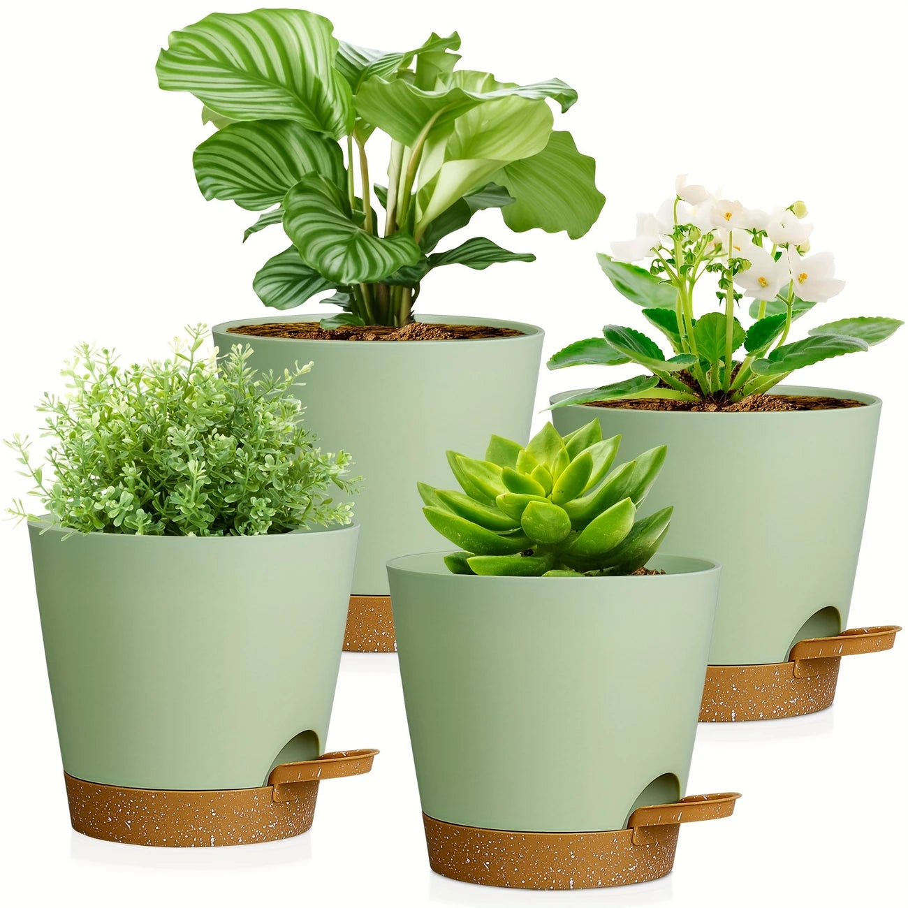 Two-Tone Self Watering Planters- Green/Brown 2pcs