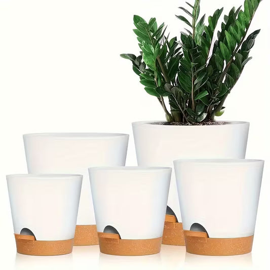 Two-Tone Self Watering Planters - White/Brown 5pcs